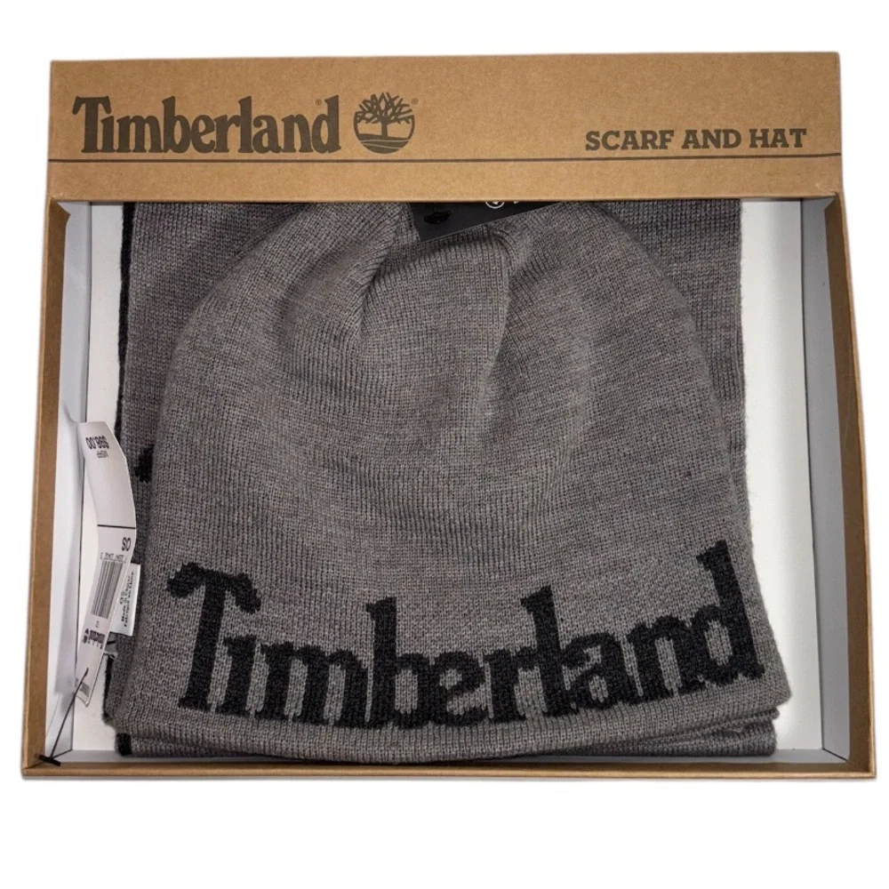 Timberland Men’s Scarf and Beanie Hat Set Gray with Black Name and Logo Print